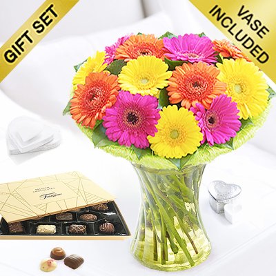 Germini Cheer Vase with a box of Luxury Chocolates  Code: JGFG00280GCC | Local Delivery Or Collect From Shop Only