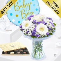 Baby boy azure vase with luxury chocolates and a fun baby boy helium balloon, Code: JGFA928871BVCB  | Local delivery or collect from our shop only