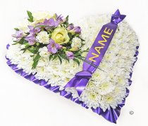 Lavender and White Bassed Heart With Name On Ribbon Code: JGF410210WLN | Local Delivery Or Collect From Shop Only