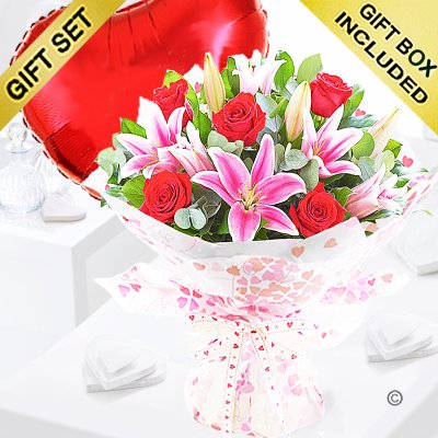 Rose and Lily Hand-tied with a Red Plain Heart Balloon Code: JGF20072RLRHB | Local Delivery Or Collect From Shop Only