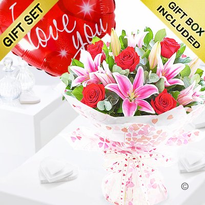 Rose and lily hand-tied with a I love you red heart balloon Code: JGF20005RRLILYB | Local delivery or collect from shop only
