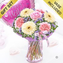 Mothers day with love vase with a helium happy mothers day balloon Code: JGFM480MV-MB | Local delivery or collect from our shop only