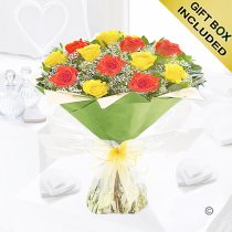 12 orange and yellow rose mixed hand-tied with gypsophila  Code:JGF945012OYR | local delivery or collect from shop only