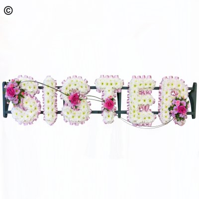 Sister funeral flower letter tribute pink and white Code: JGFF9853PWBB | Local delivery or collect from shop only