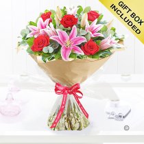 Happy anniversary red rose and pink lily hand-tied Code: JGFA00410HA | Local delivery or collect from our shop only