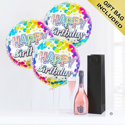 Happy birthday sparkling rosé wine and balloon celebration  Code: JGFB5RWBGS | local delivery or collect from shop only