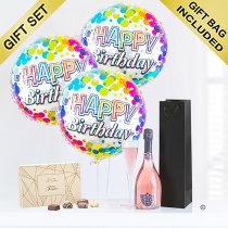 Happy birthday sparkling ros&eacute; wine and balloon celebration with Luxury Chocolates  Code: JGFB6RWBGSC | local delivery or collect from shop only