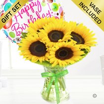 Happy birthday sunflower sunburst vase with a fun happy birthday balloon Code: JGFSU54879SSHB  | Local delivery or collect from our shop only
