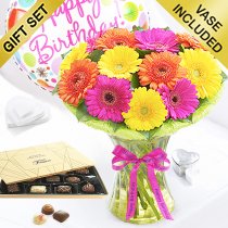 Happy Birthday Germini Cheer Vase with Luxury Chocolates and Happy Birthday Day Balloon Code: JGFH00280GCHB | Local Delivery Or Collect From Shop Only