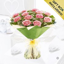 Valentine 12 pink rose hand-tied with white gypsophila Code: JGFV761PR local delivery or collect from shop only
