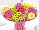 Summer vibrant vase with a box of luxury Belgian chocolates Code: JGFS889SV-C | Local delivery or collect from our shop only