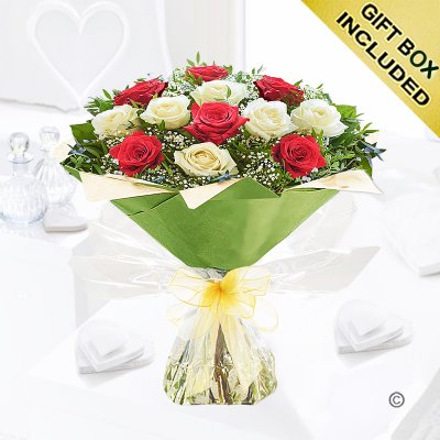 12 Mixed Red and White Rose Hand-tied Code JGF945012RW | local delivery or collect from shop only