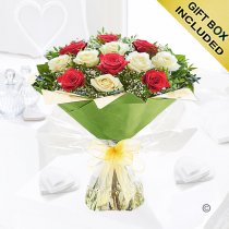 12 Mixed Red and White Rose Hand-tied Code JGF945012RW | Local delivery or collect from our shop only