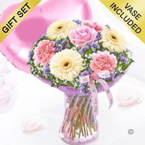 Mother's day with love vase with a fun helium filled plain pink heart balloon Code: JGFM48020MC-PHB | Local delivery or collect from shop only
