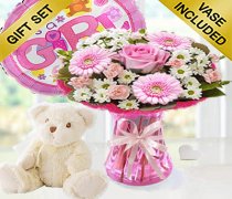 Baby Girl Cotton Candy Vase a Soft Bailey Bear and a Helium It's a Girl Balloon Code: JGFB0281PBSBB | Local Delivery Or Collect From Shop Only