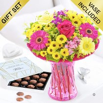 Summer vibrant vase with a box of Belgian milk chocolate truffles Code: JGFS889SV-CT  | Local delivery or collect from our shop only