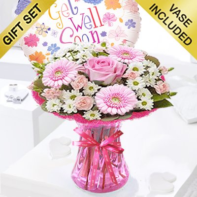Cotton Candy Get Well Vase With a Fun Helium Get Well Balloon Code: JGFG00281PSB | Local Delivery Or Collect From Shop Only