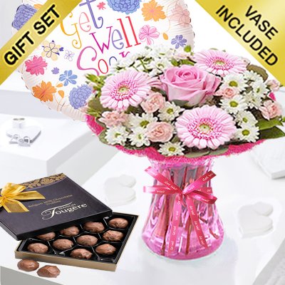 Cotton Candy Get Well Vase With Chocolate Truffles and Helium Get Well Balloon Code: JGFG00291PS | Local Delivery Or Collect From Shop Only