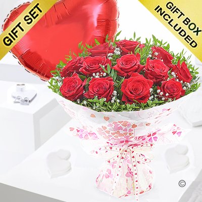 Twelve hugs and kisses with a red plain heart balloon Code: JGF424012RRHB | Local delivery or collect from shop only