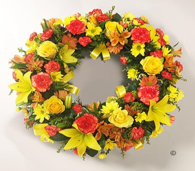 Yellow and Orange Rose and Lily Wreath Code: JGFF970OYW | Local Delivery Or Collect From Shop Only