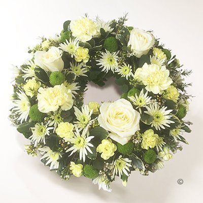 Cream and Green Open Wreath Code: JGFF430CGW  | Local Delivery Or Collect From Shop Only