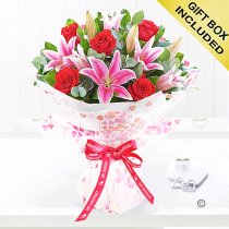 Happy anniversary hearts red rose and pink lily hand-tied Code: JGFA00411HA| Local delivery or collect from our shop only