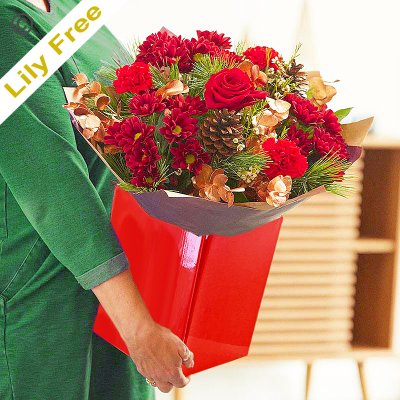 Bespoke Christmas lily free themed hand tied bouquet Code: JGFXLFHT1-0| Local delivery or collect from shop only