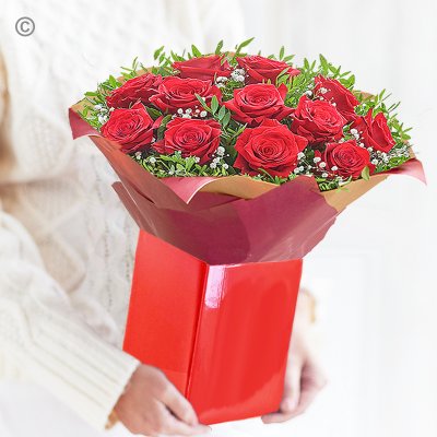 Valentines 12 red rose romantic hand-tied Code: JGFV12RRHTR | Local delivery or collect from our shop