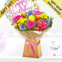 Happy birthday spring brights gift box with a happy birthday balloon Code: JGFS33411HBSB-HB | Local delivery or collect from our shop only