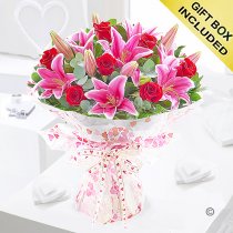 Large Valentine's rose and lily hand-tied Code: JGFV20007RL | Local delivery or collect from our shop only
