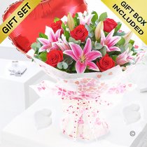 Valentine's rose and lily handtied with a red plain heart balloon Code: JGFV20072RL-RHB  | Local delivery or collect from shop only