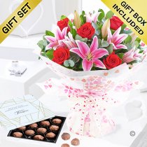 Valentine's rose and lily hand-tied with luxury belgian chocolate truffles Code: JGFV20072RLT | Local delivery or collect from our shop only