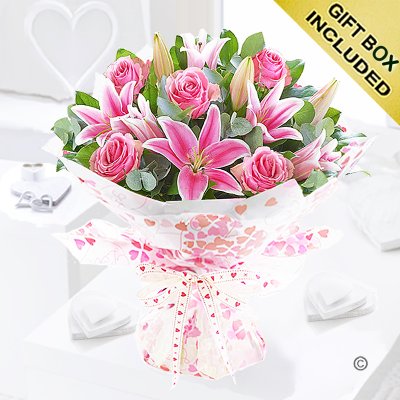 Pink rose and lily hand-tied Code: JGF20015PRL | Local delivery or collect from shop only