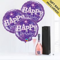 Happy birthday sparkling ros&eacute; wine and purple balloon celebration  Code: JGFB5RWPBGS | local delivery or collect from shop only