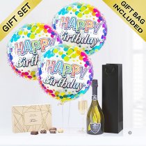 Happy birthday prosecco and balloon celebration gift with chocolates Code: JGFH42CPHBC | local delivery or collect from shop only