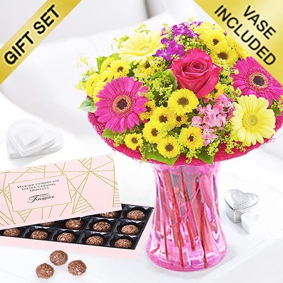 Summer vibrant vase with a box of luxury Belgian salted caramel chocolate truffles Code: JGFS889SV-SCT | Local delivery or collect from our shop only