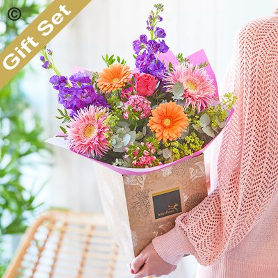 Summer hand-tied bouquet with Luxury Belgian Salted Caramel Truffles Code: HHTU1-SCT | National Delivery and Local Delivery Or Collect From Shop
