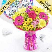 Happy birthday summer vibrant vase with a happy birthday balloon dots Code: JGFS889SV-HBD | Local delivery or collect from our shop only