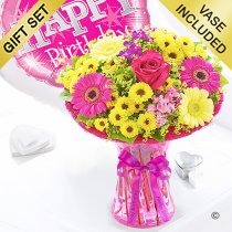 Happy birthday summer vibrant vase with a happy birthday balloon pink Code: JGFS889SV-HBP | Local delivery or collect from our shop only