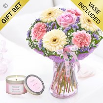 Mothers day with love vase with a English rose candle in a tin Code: JGFM480MV-CT | Local delivery or collect from our shop only