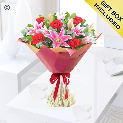 Crimson red rose and pink lily handtied Code: JGF30006CRLB | Local delivery or collect from shop only