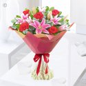 Crimson red rose and pink lily handtied Code: JGFV30006CRLB | Local delivery or collect from shop only