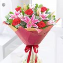 Crimson red rose and pink lily handtied Code: JGFV30006CRLB | Local delivery or collect from shop only