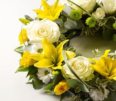 Rose and Lily Yellow and White Wreath Code: JGFF15030YW | Local Delivery Or Collect From Shop Only